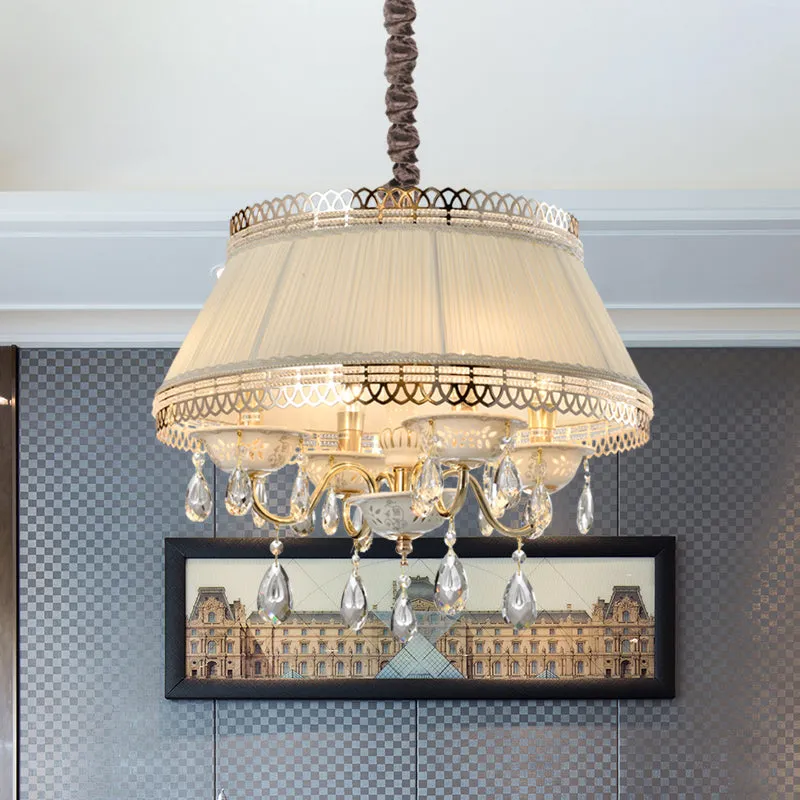 Beige Fabric Drum Chandelier with Crystal Down Lighting - Modern 4 Bulbs Pendant