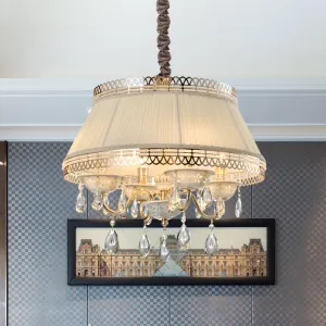 Beige Fabric Drum Chandelier with Crystal Down Lighting - Modern 4 Bulbs Pendant