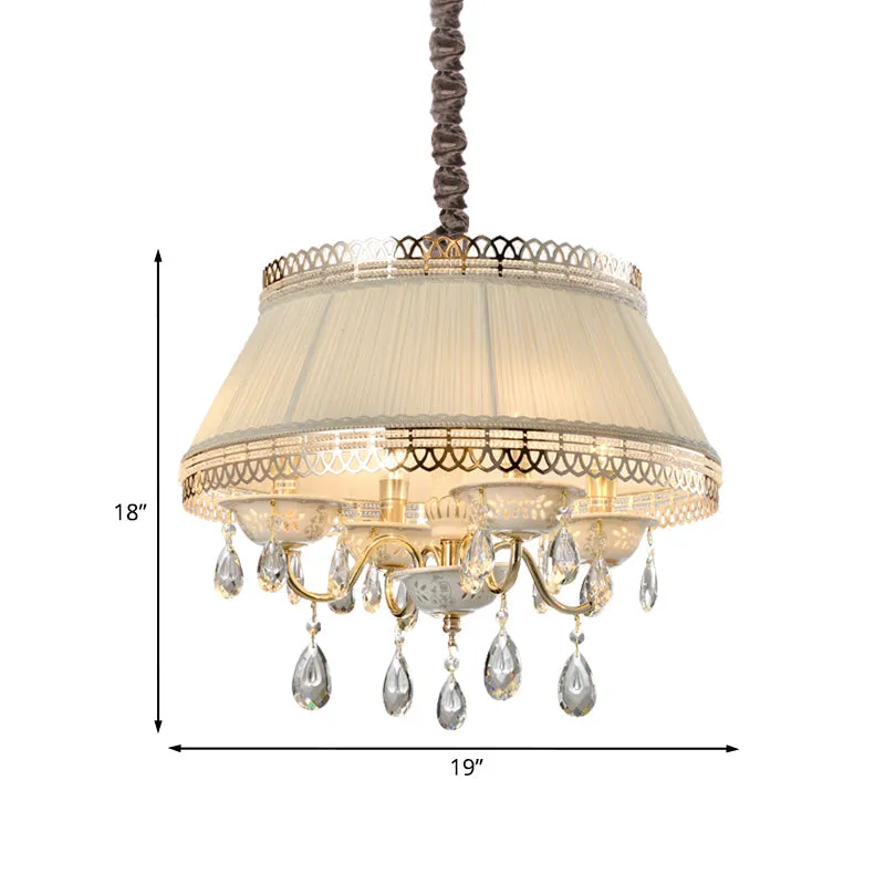 Beige Fabric Drum Chandelier with Crystal Down Lighting - Modern 4 Bulbs Pendant