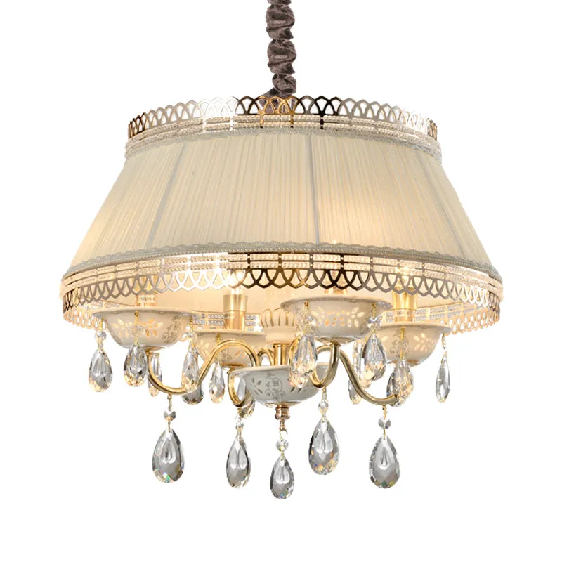 Beige Fabric Drum Chandelier with Crystal Down Lighting - Modern 4 Bulbs Pendant