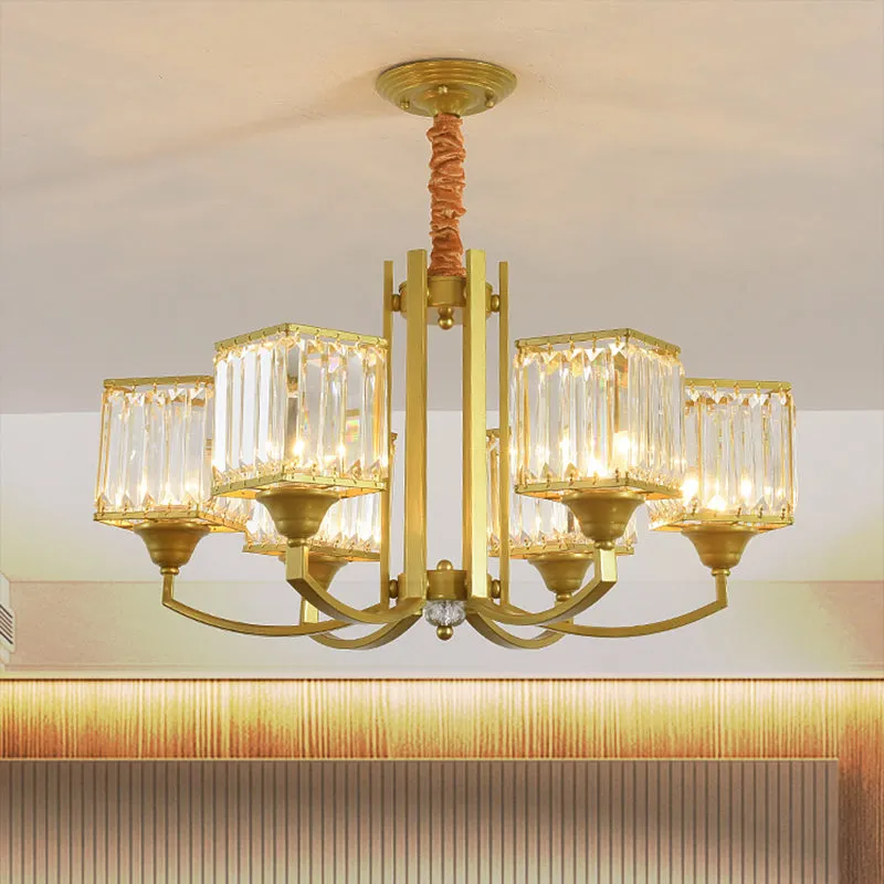 Clear Crystal Ceiling Pendant Chandelier with Gold Arm - Contemporary Design, Multiple Bulb Options for Dining Rooms