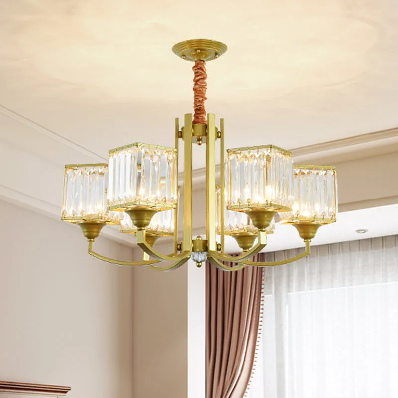 Clear Crystal Ceiling Pendant Chandelier with Gold Arm - Contemporary Design, Multiple Bulb Options for Dining Rooms