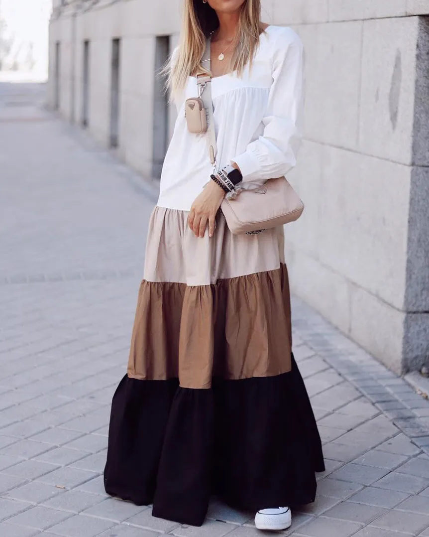 Colorful Four Layer Plain Color Blocking Dress