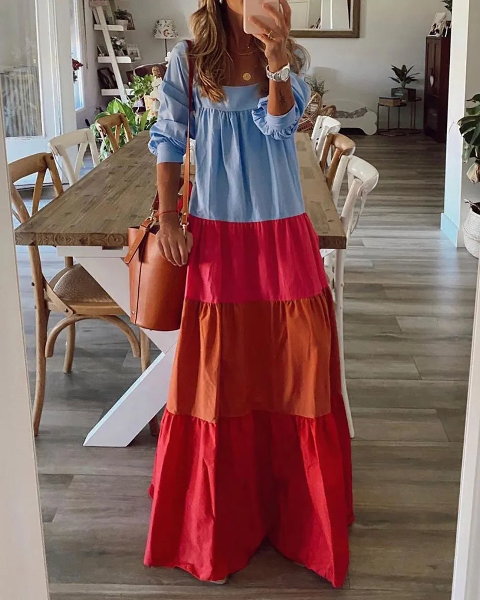 Colorful Four Layer Plain Color Blocking Dress