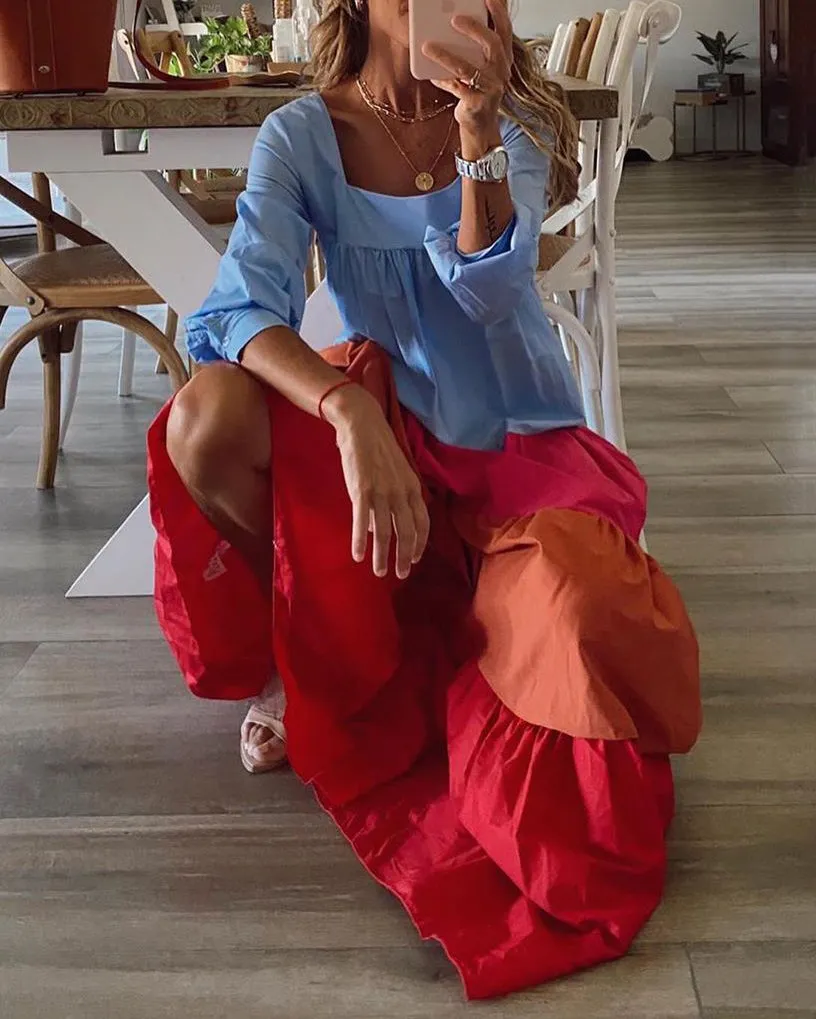 Colorful Four Layer Plain Color Blocking Dress