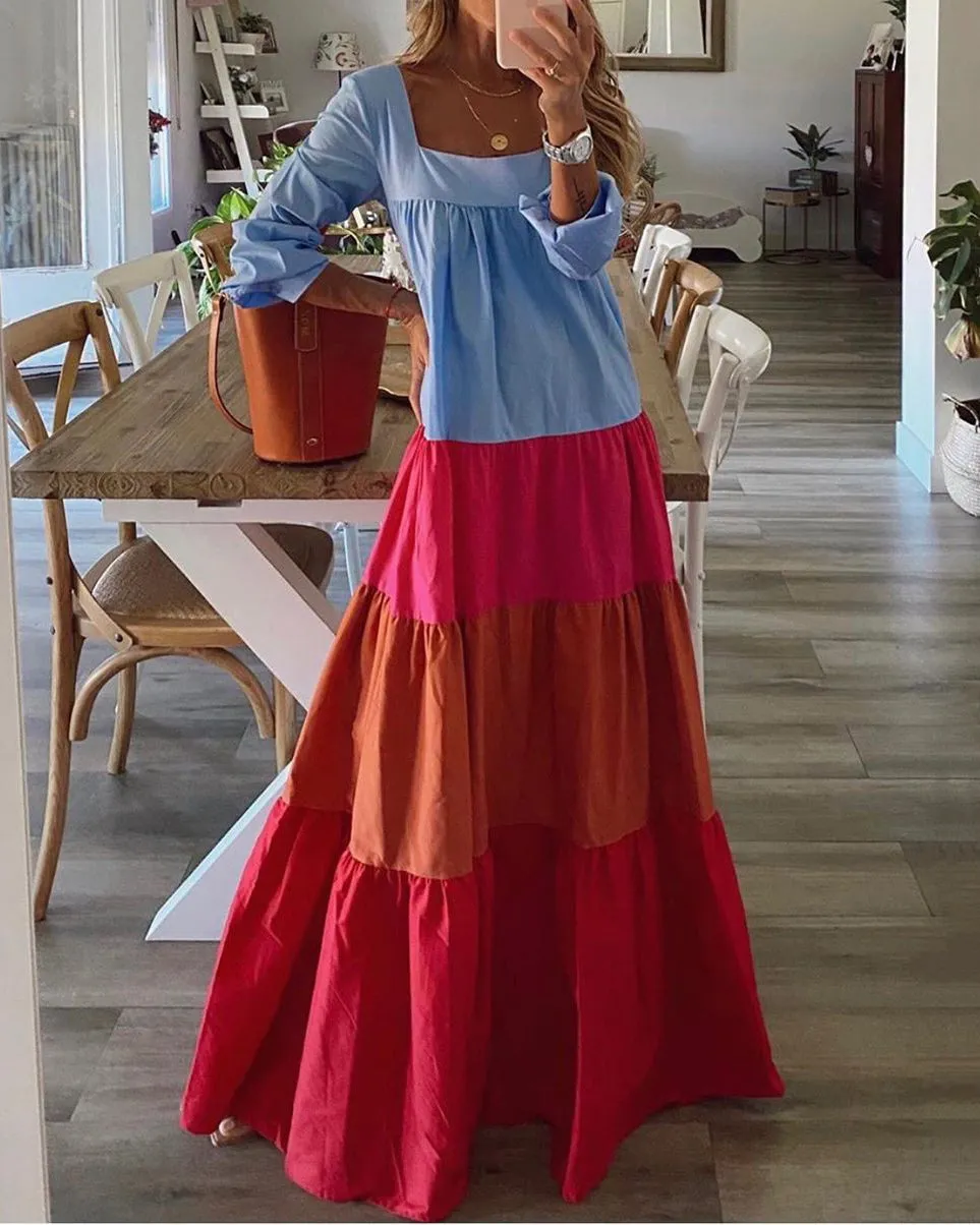Colorful Four Layer Plain Color Blocking Dress