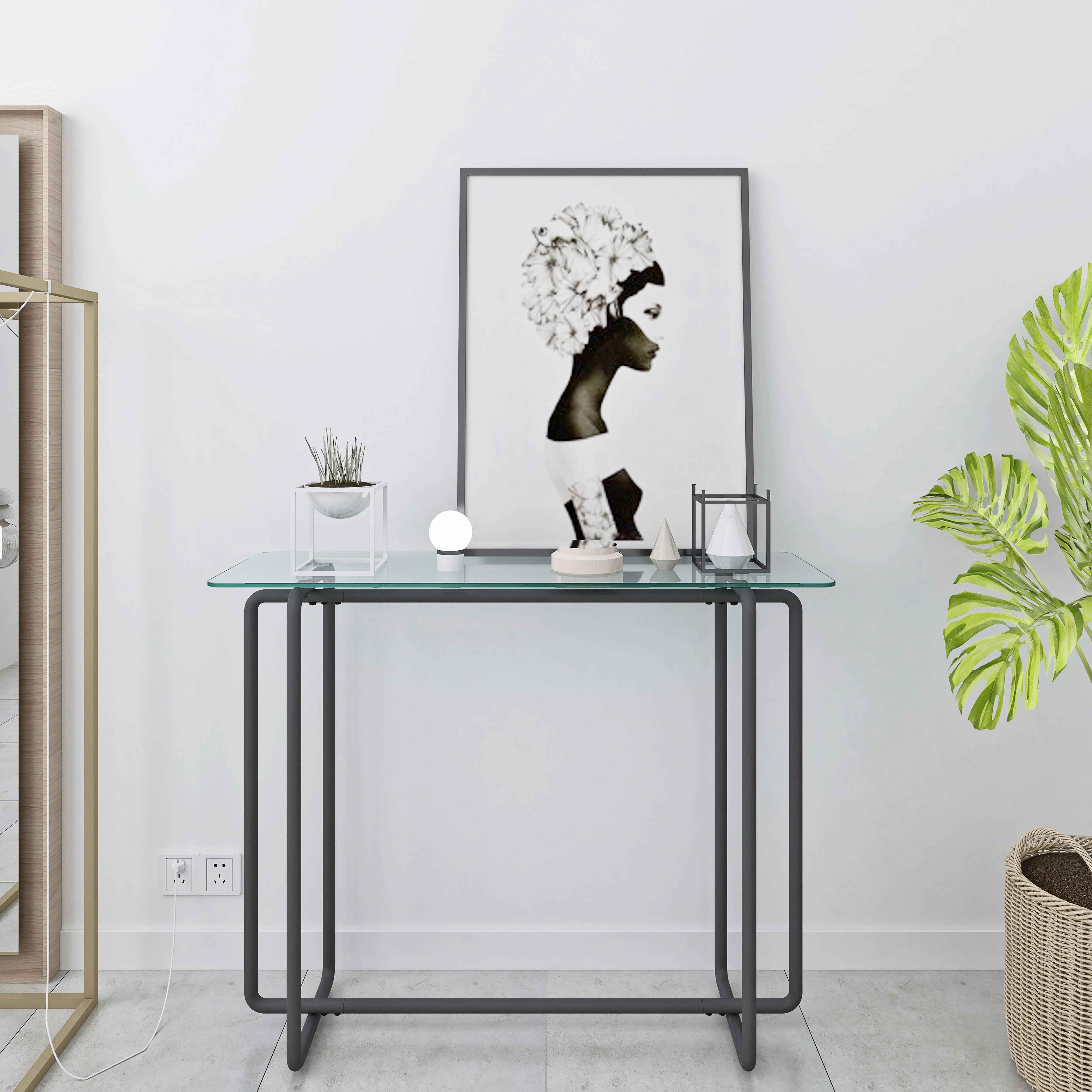 Console Table Single Layer Tempered Glass Rectangular Porch Table Black Leg Double Tempered Glass Tea Table by Couch.com