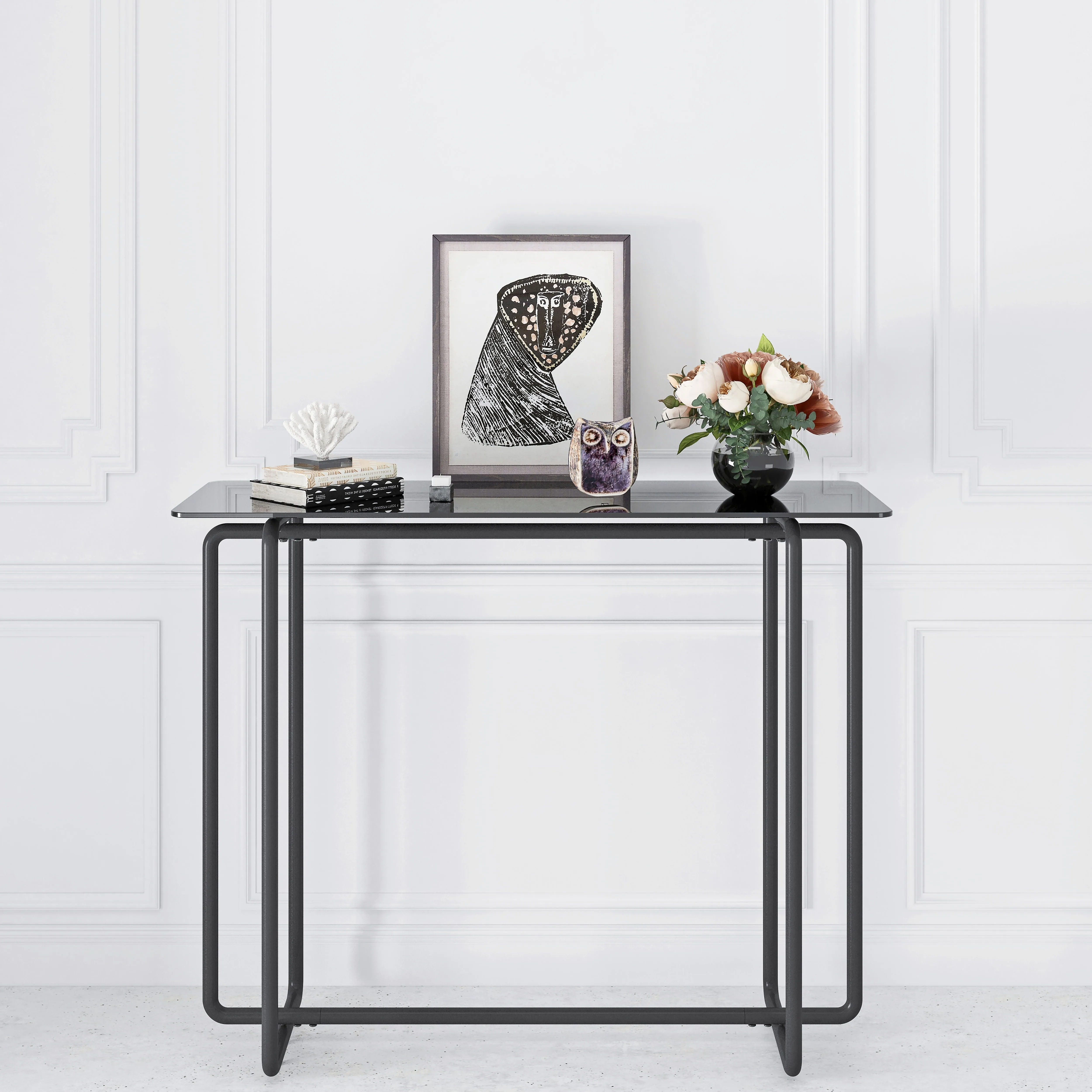 Console Table Single Layer Tempered Glass Rectangular Porch Table Black Leg Double Tempered Glass Tea Table by Couch.com