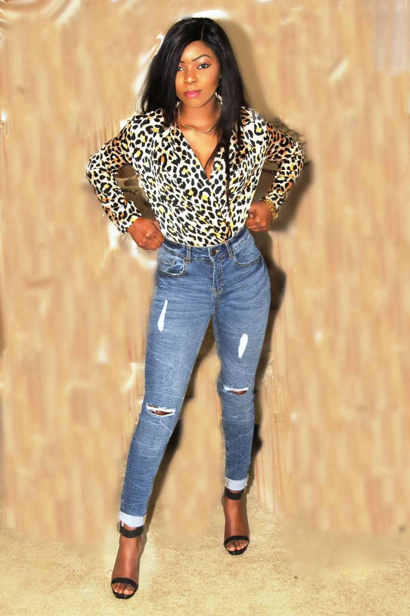 Leopard Wrapover Front Satin Bodysuit