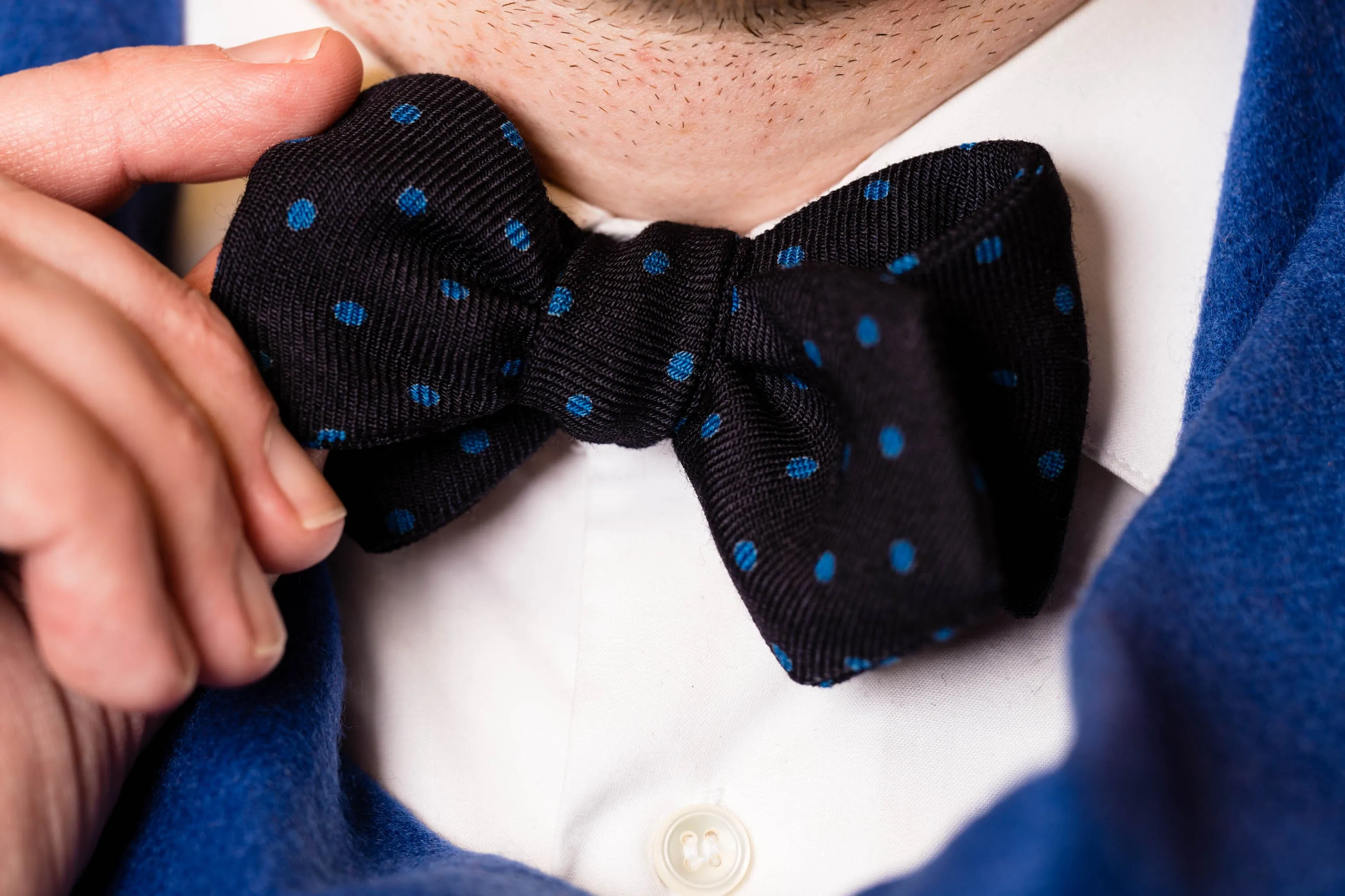 Navy & Blue Polka Dot Wool Challis Bow Tie