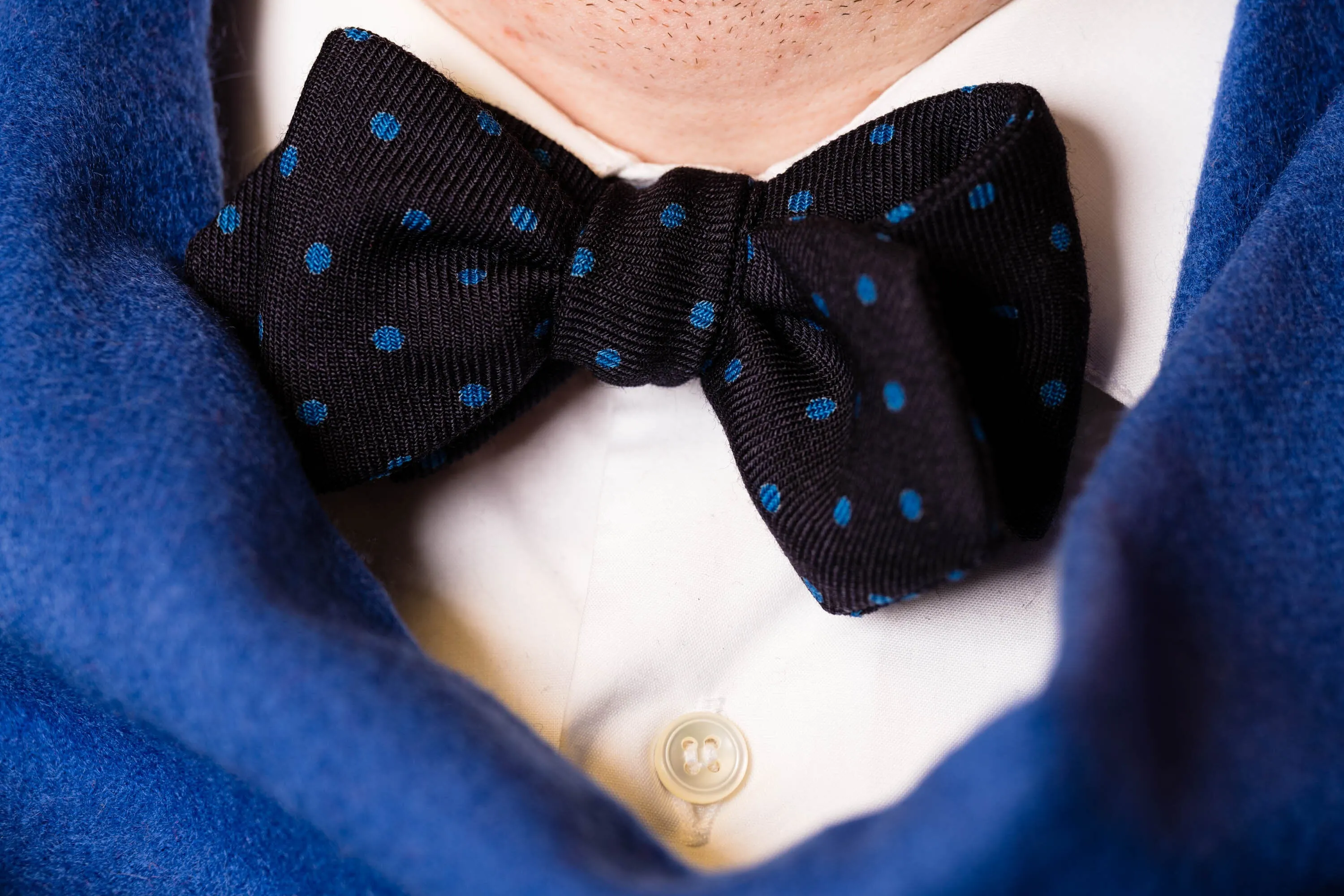 Navy & Blue Polka Dot Wool Challis Bow Tie