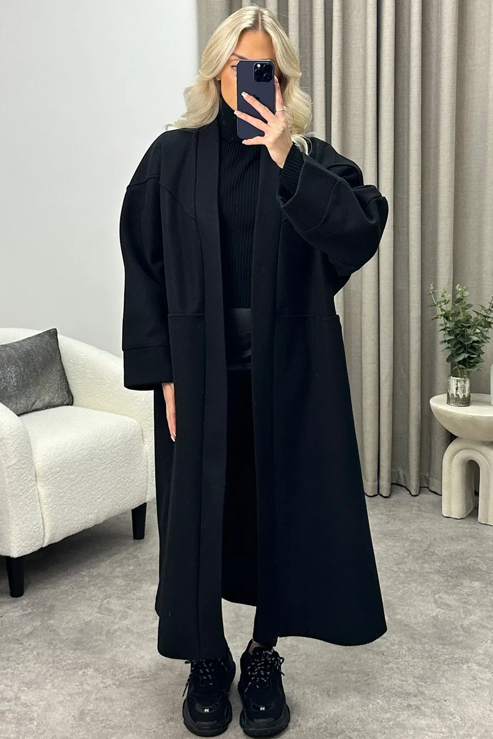 Rory Black Wool Boyfriend Oversized Longline Coat
