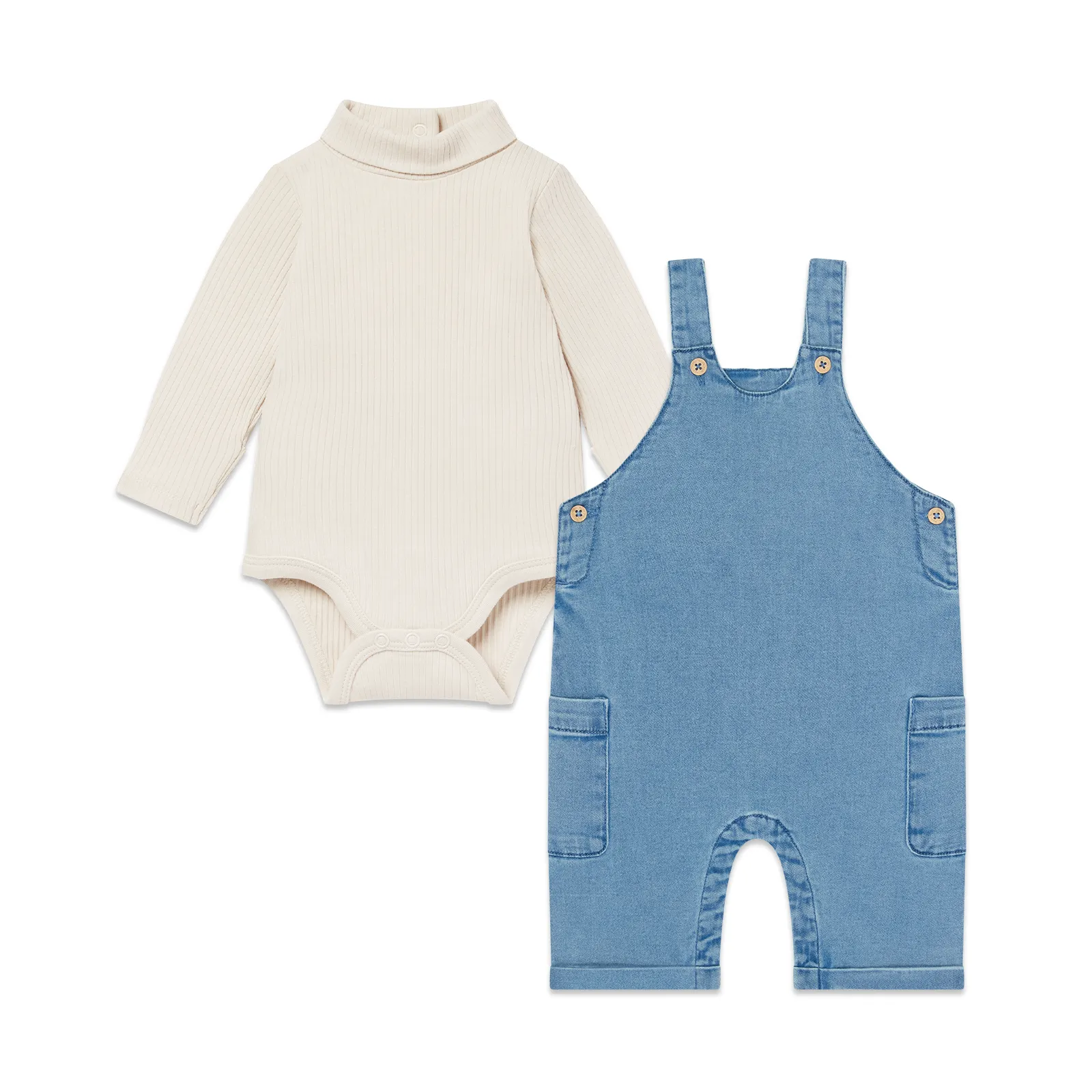 Soft Denim Overalls & Roll Neck Ribbed Bodysuit Outfit