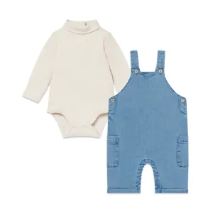 Soft Denim Overalls & Roll Neck Ribbed Bodysuit Outfit