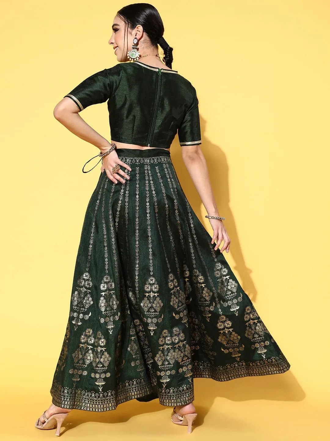 Women Emerald Green Crop Top With Foil Anarkali Skirt