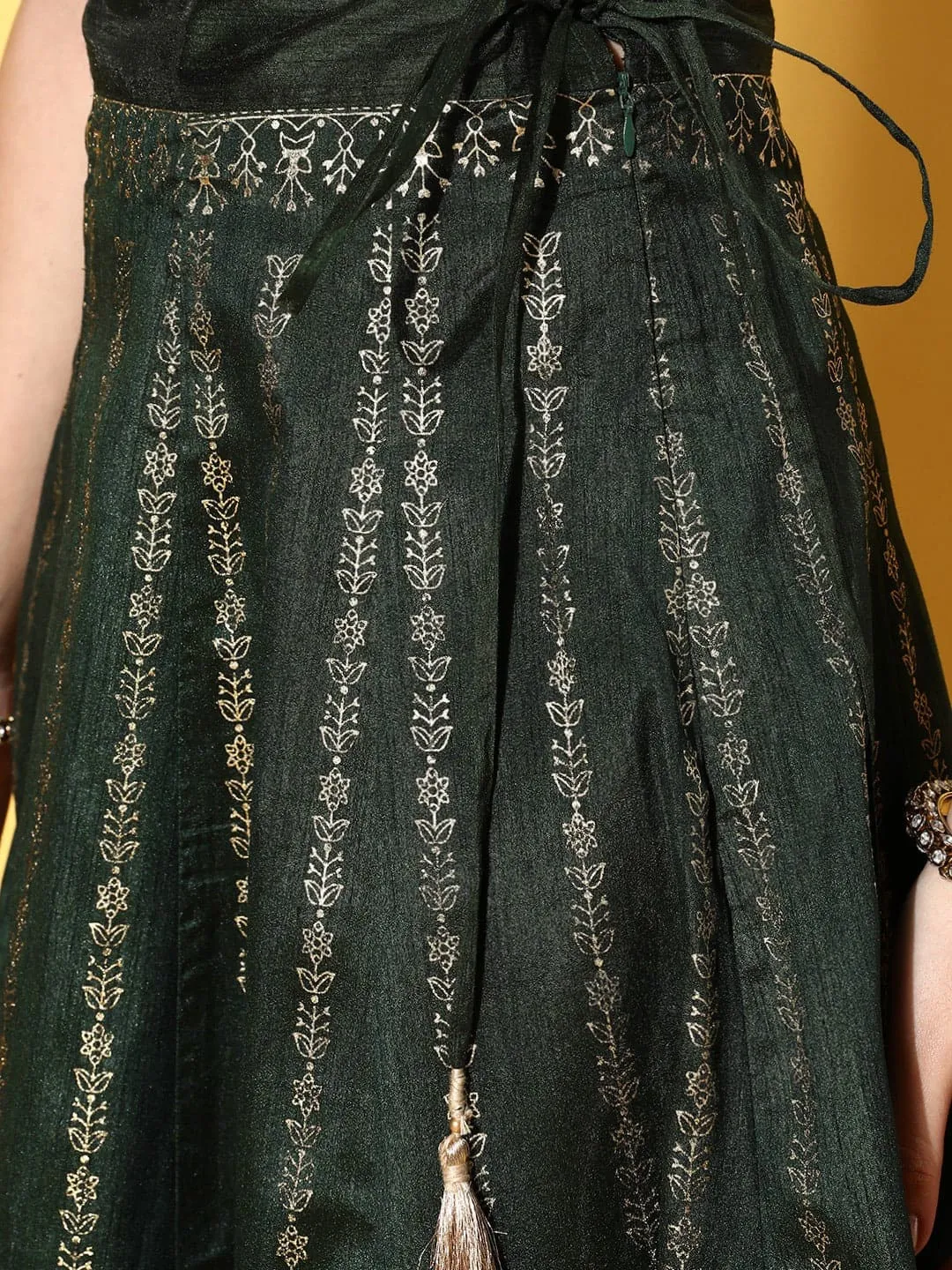 Women Emerald Green Crop Top With Foil Anarkali Skirt