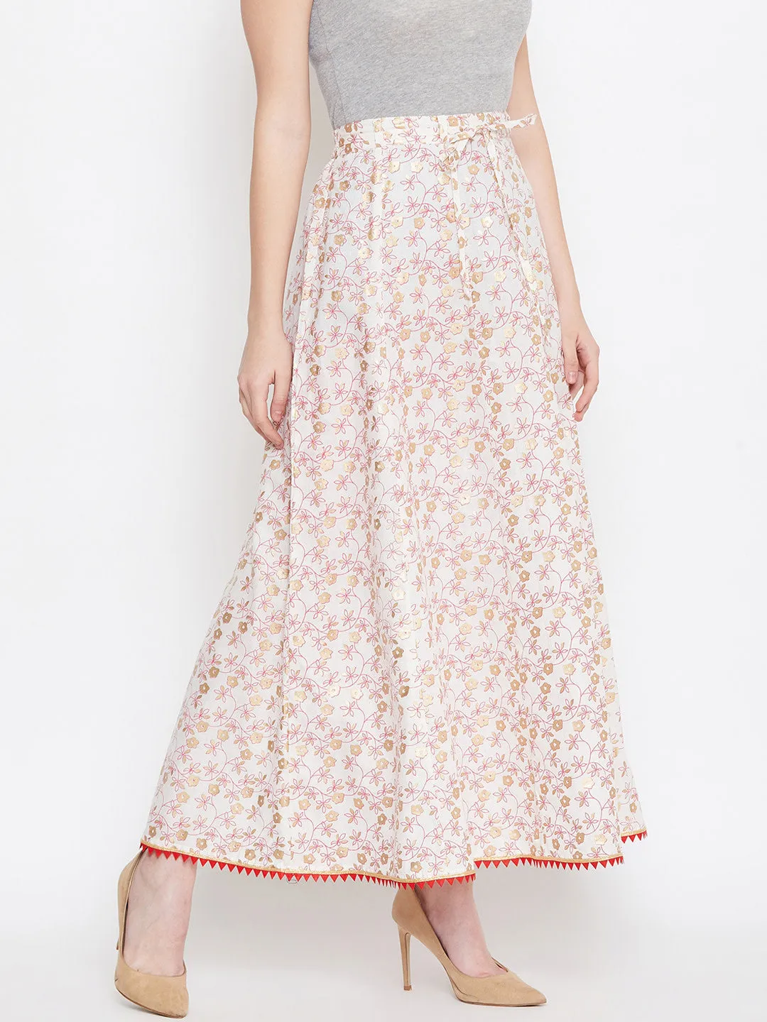 Women Off-White Pink And Gold-Toned Printed Flared Maxi Skirt