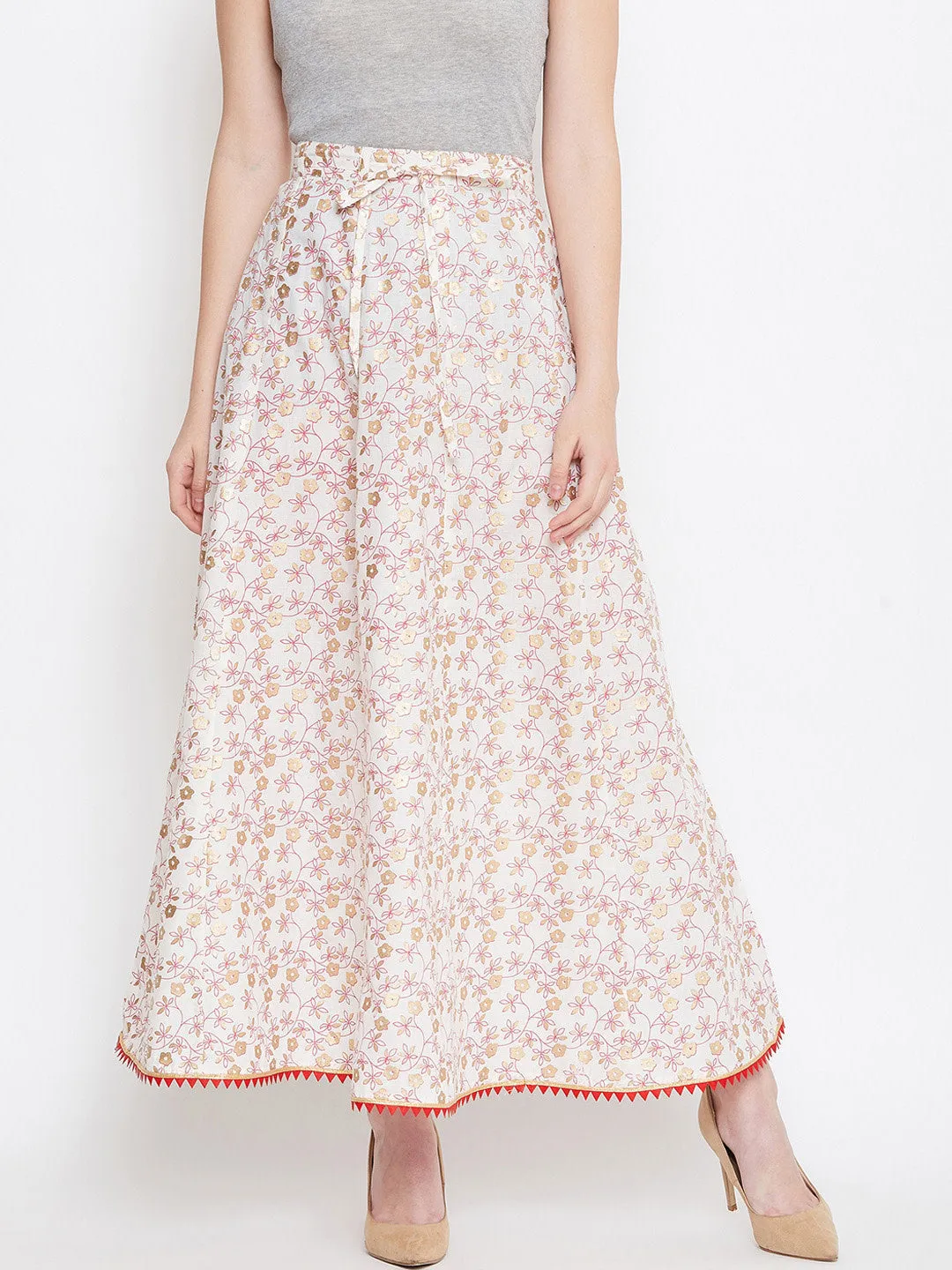 Women Off-White Pink And Gold-Toned Printed Flared Maxi Skirt
