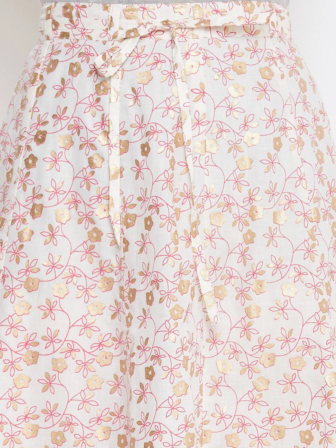 Women Off-White Pink And Gold-Toned Printed Flared Maxi Skirt