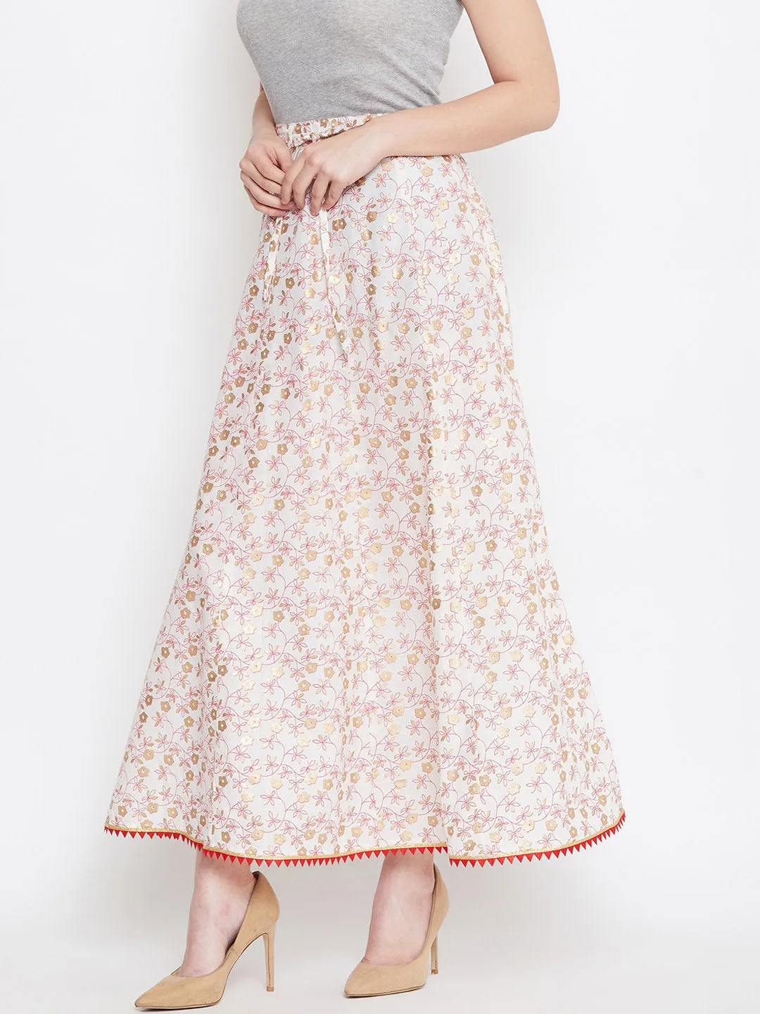 Women Off-White Pink And Gold-Toned Printed Flared Maxi Skirt