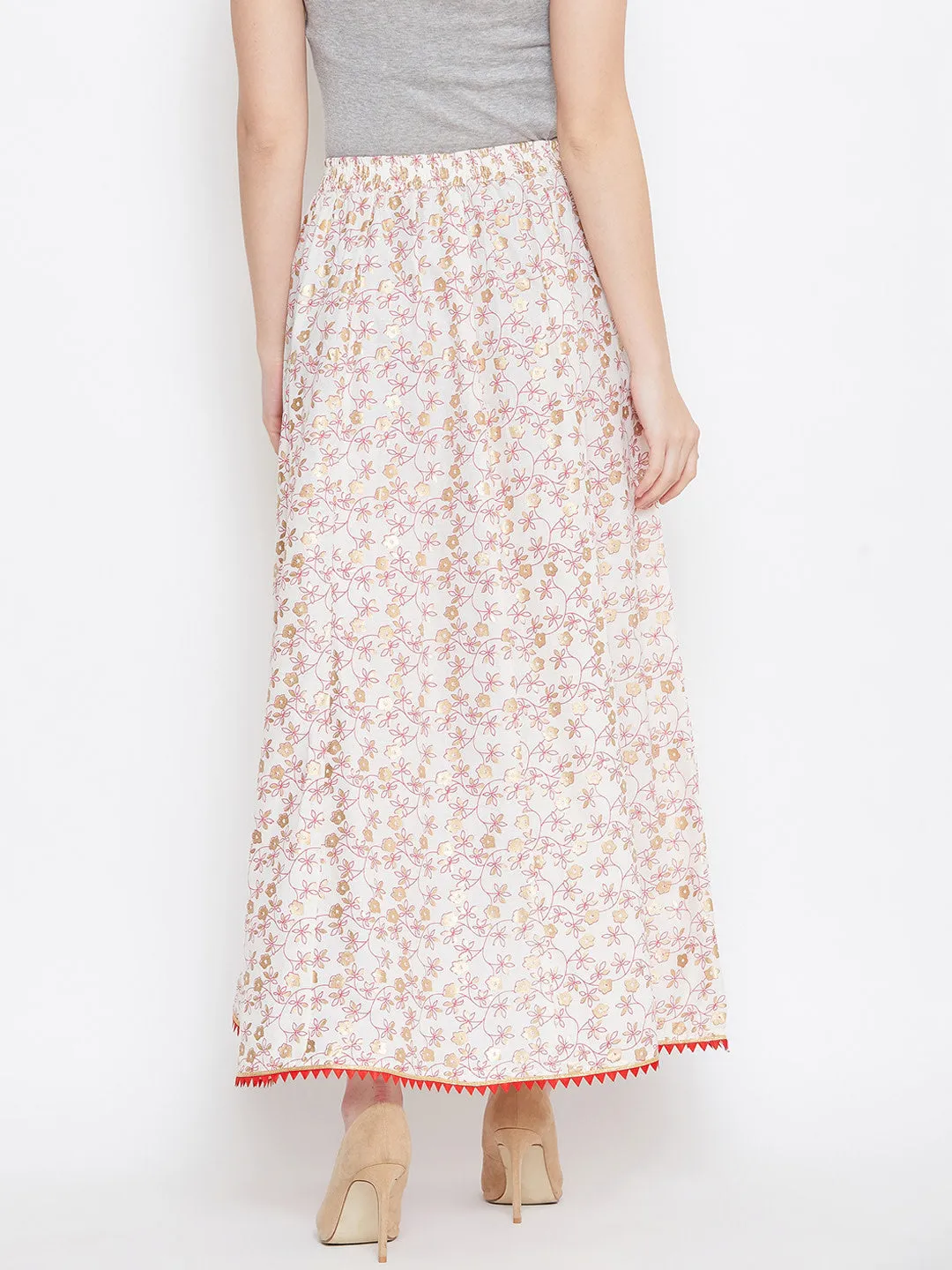 Women Off-White Pink And Gold-Toned Printed Flared Maxi Skirt